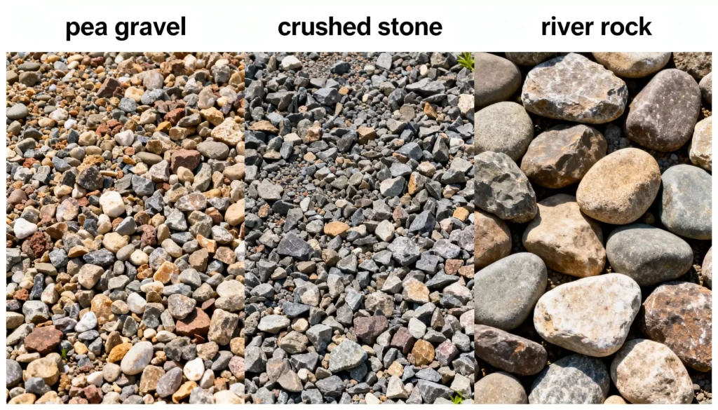 Side by side comparison of crushed stone, river rock, and pea gravel landscape stones for pathways
