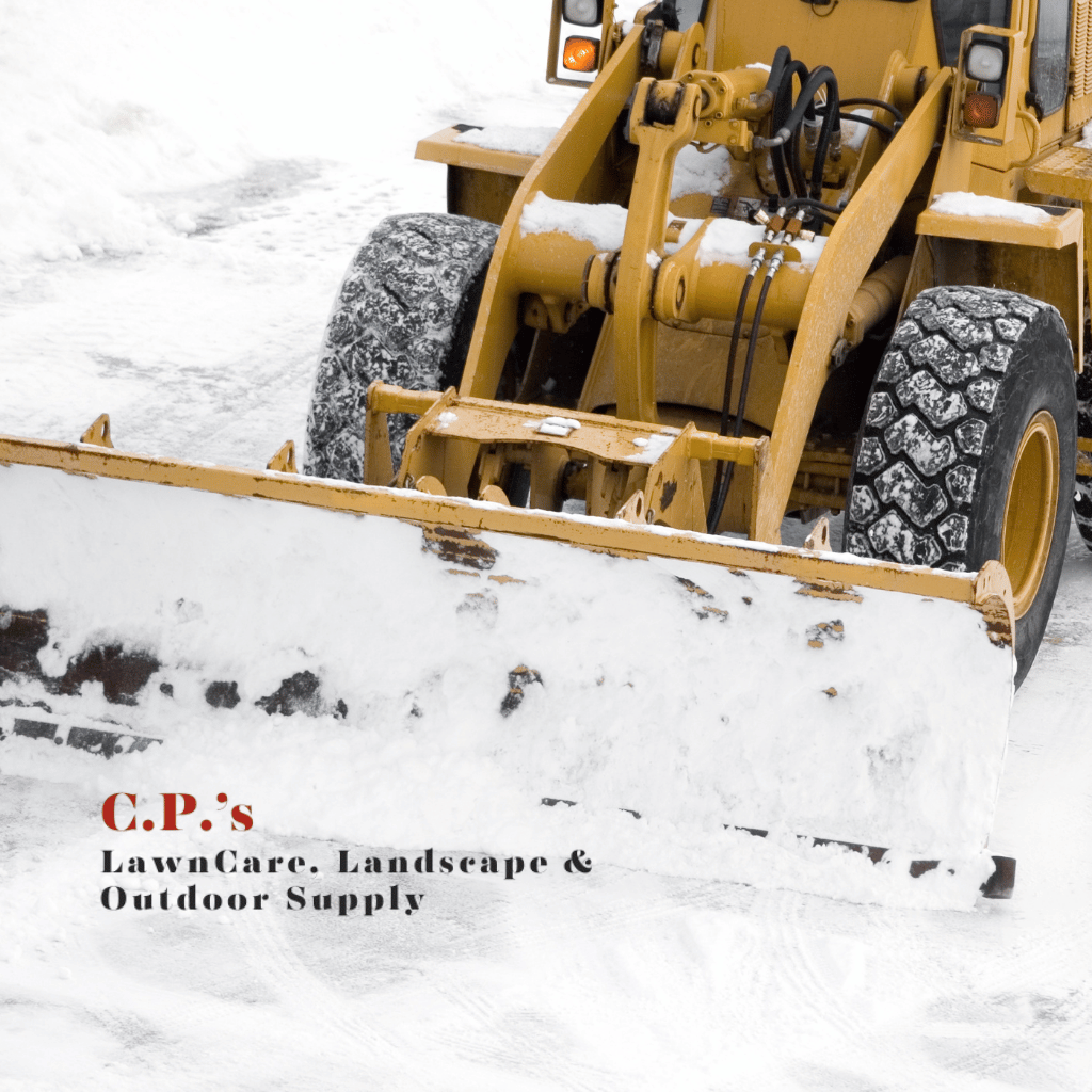 A yellow snowplow clears snow from a parking lot. The ground and the machine are covered in snow. Text in the corner reads: C.P.s LawnCare. Landscape & Outdoor Supply.