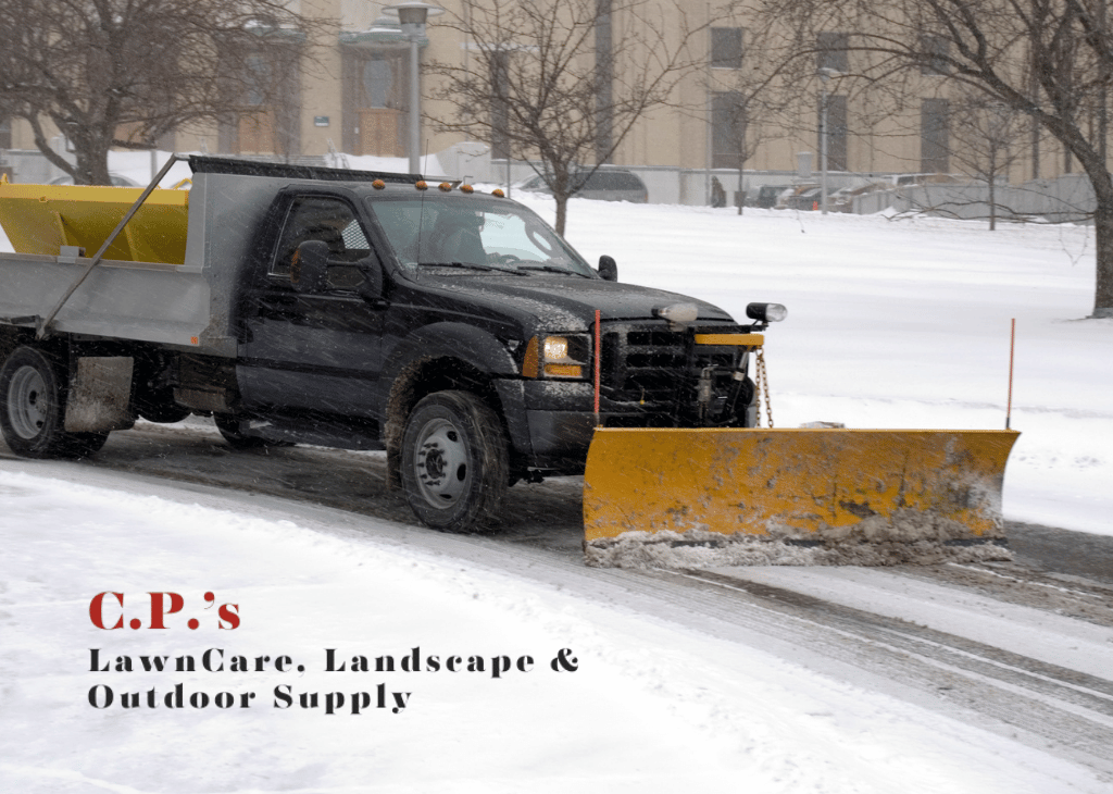 A black pickup truck with a yellow snow plow clears snow from a road in front of a large building. C.P.s LawnCare, Landscape & Outdoor Supply text appears at the bottom left.