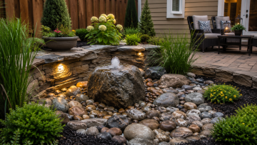Pondless water feature with stacked stone and bubbling rock installed in a small backyard patio space
