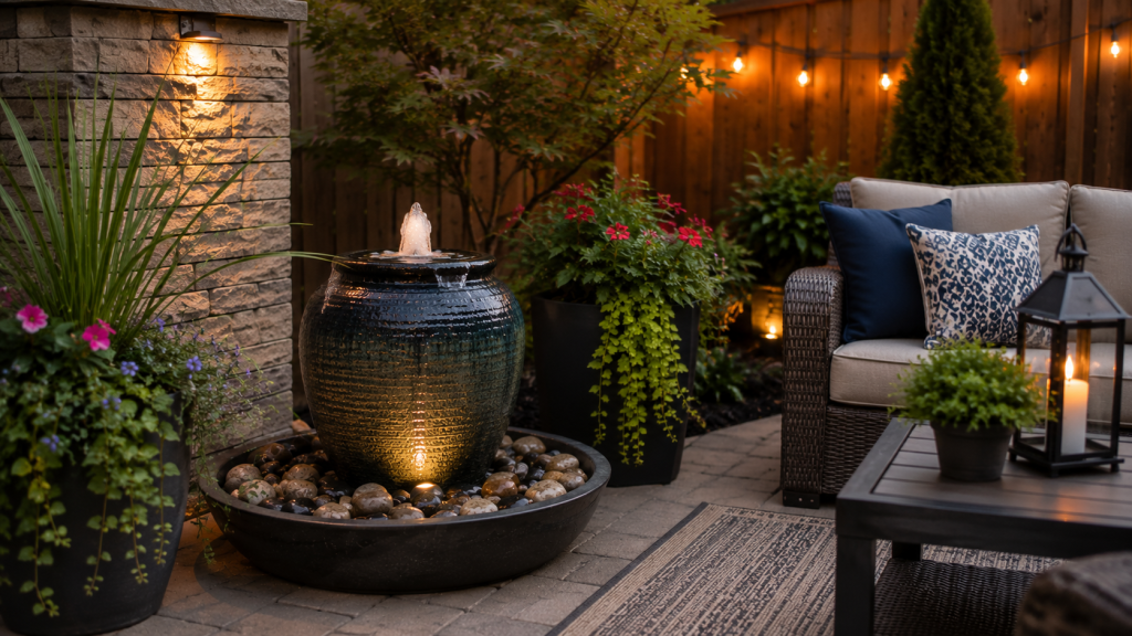Compact bubbling urn water feature placed on a small patio next to seating area